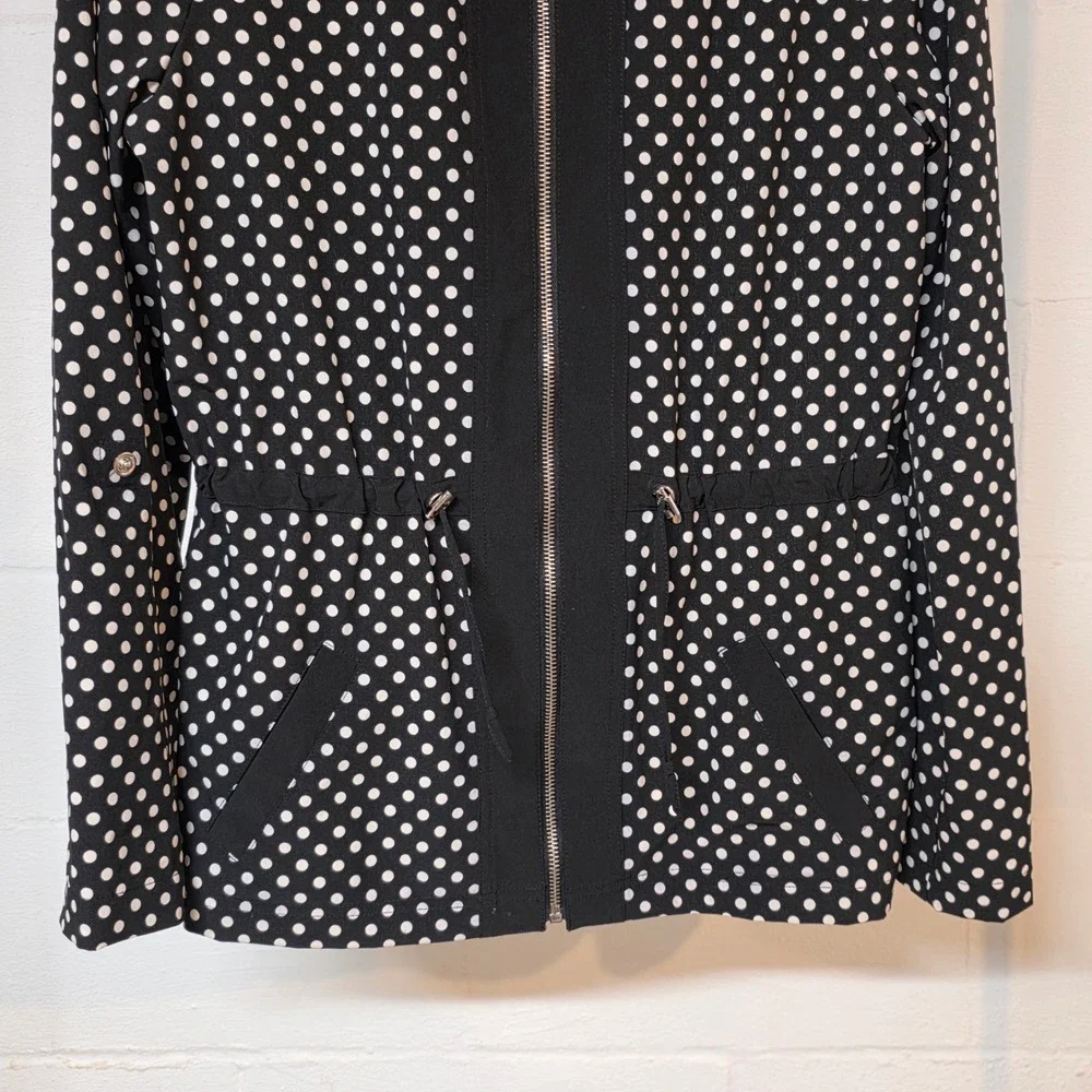 Laura Ashley Black White Polka‎ Dot Zip Up Light Jacket Drawstring Waist Women M